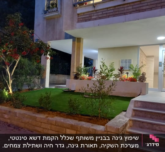 גינה עם דשא, שיחים ופרחים צבעוניים
